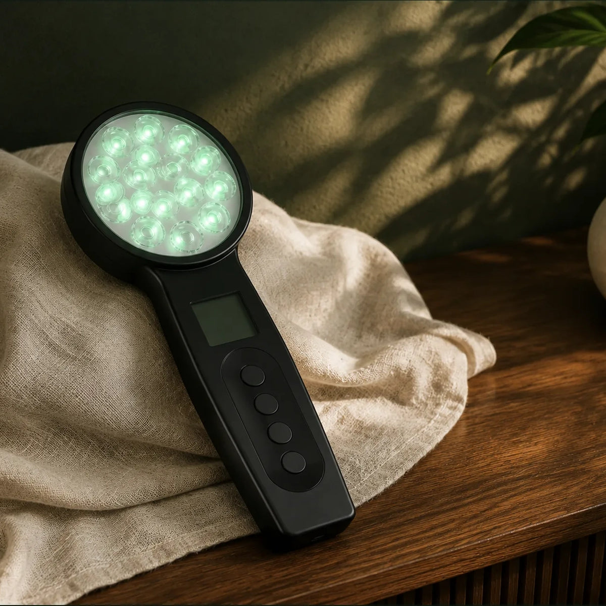 Calmlyte Handheld resting on linen on a wood console, green LEDs lit