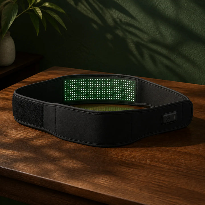 Calmlyte Belt fastened on a wood table against a deep green wall, its green LED panel lit