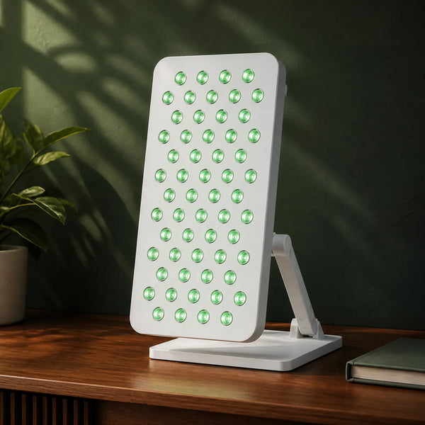 Calmlyte Panel lit on a wood console against a deep green wall