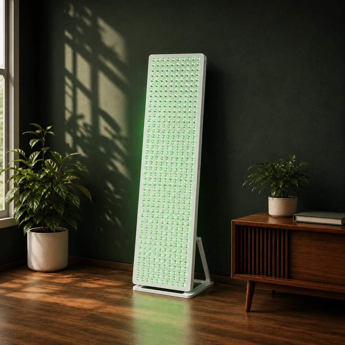 Calmlyte Studio Panel standing on its floor stand in a room with a window and two potted plants, its full-height green LED array lit and casting green light across the wood floor